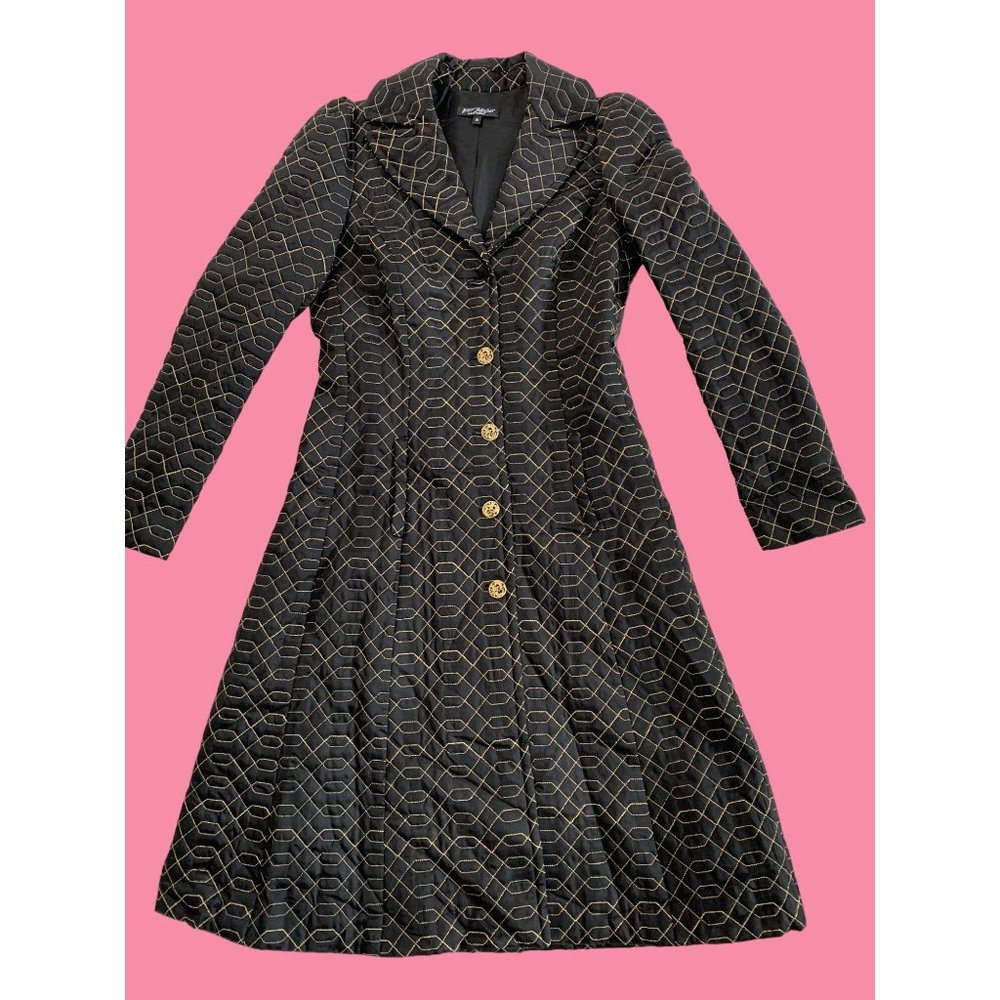 VTG Betsey Johnson New York Silk Fit & Flare Black Gold Coat Size 10 Dress 6604